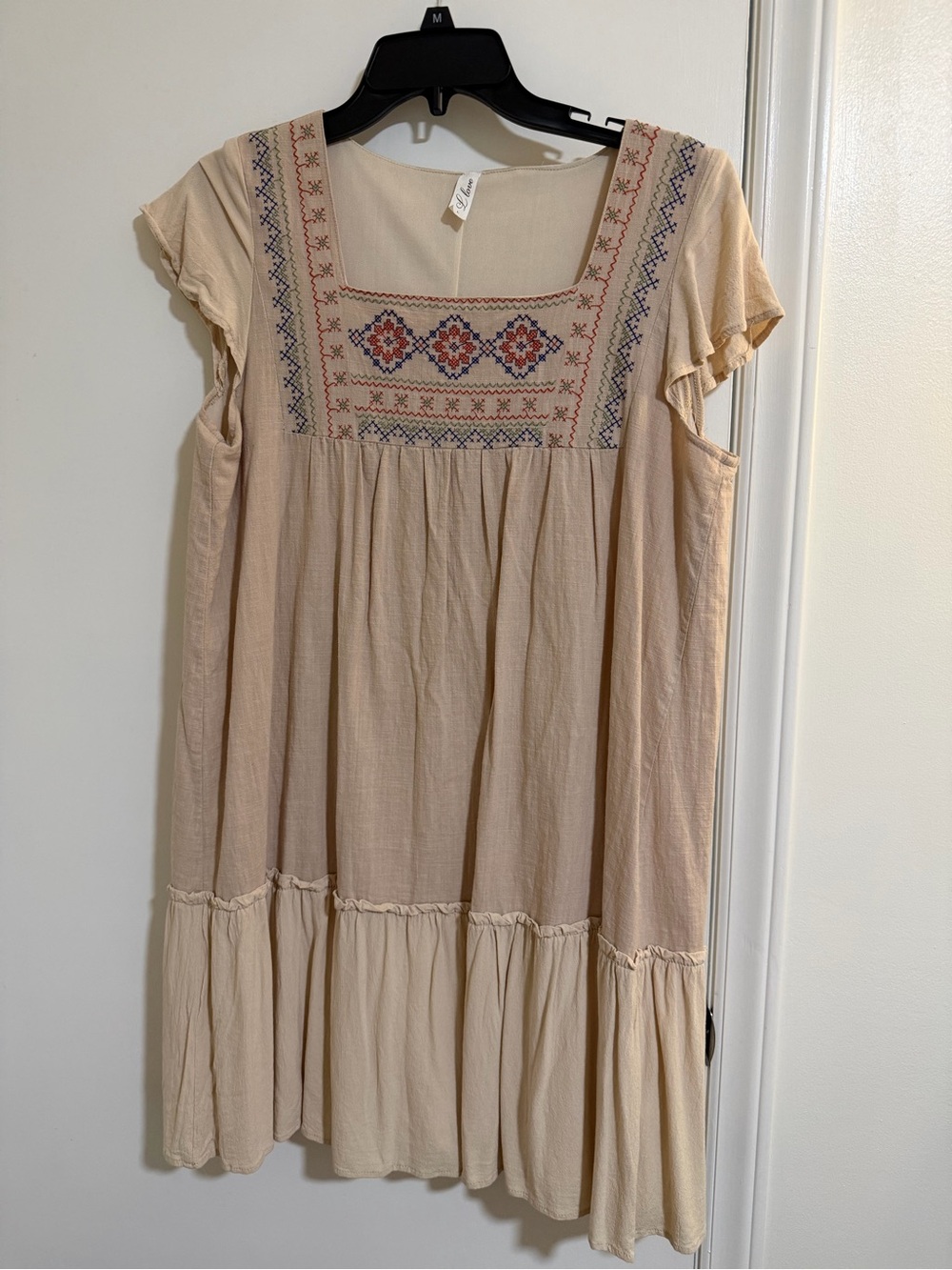Boho Embroidered Square Neck Mini Dress - Cream